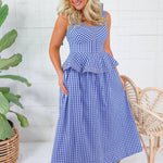Calista Navy Gingham Peplum Maxi Dress Entro