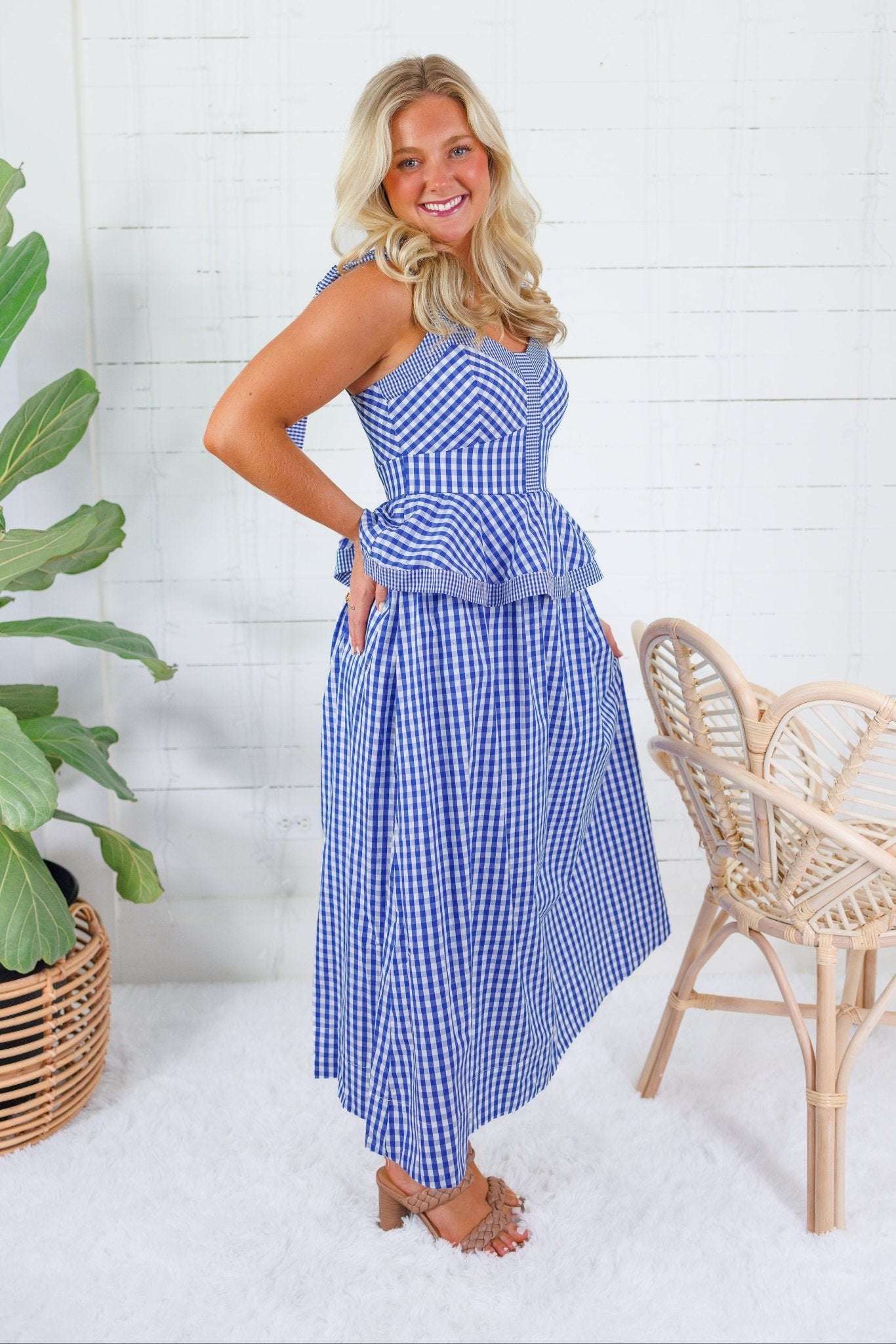 Calista Navy Gingham Peplum Maxi Dress Entro