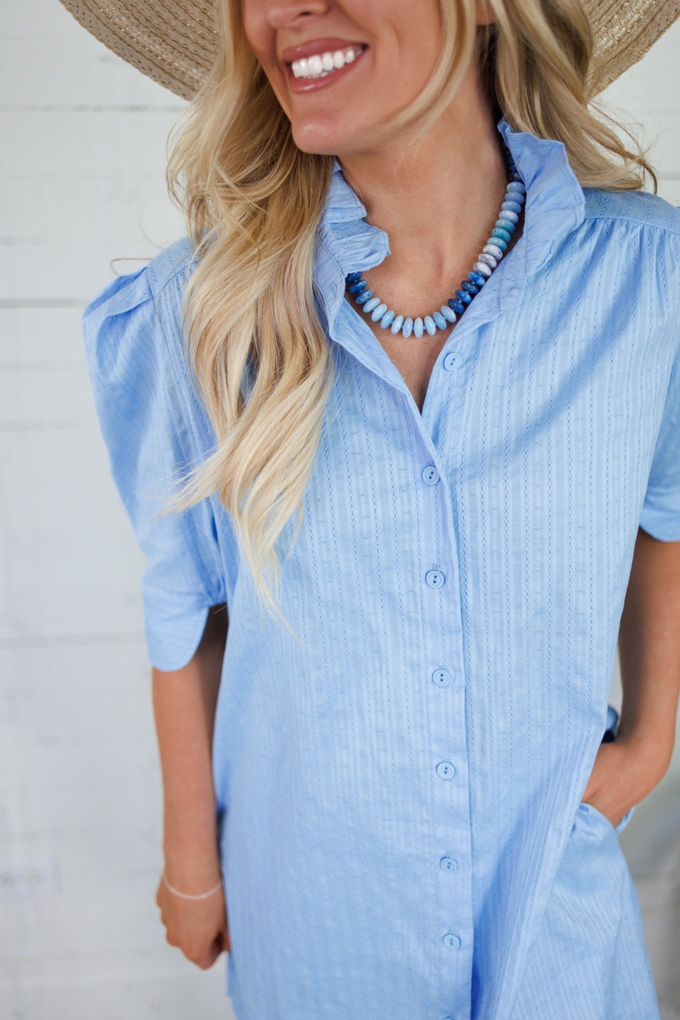 Callie Light Blue Jacquard Stripe Mini Dress Adrienne