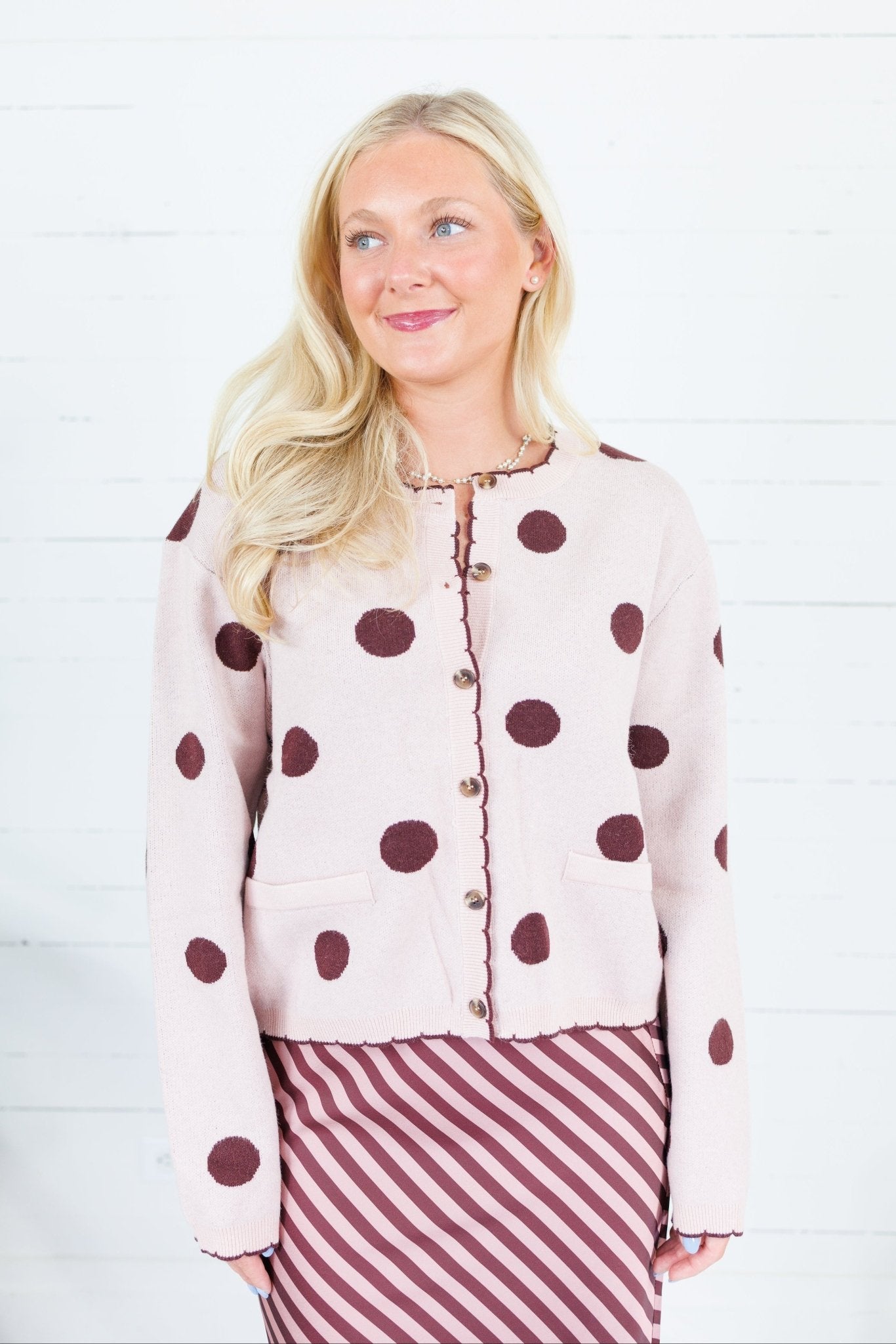 Candice Blush + Burgundy Dotty Cardigan Polagram
