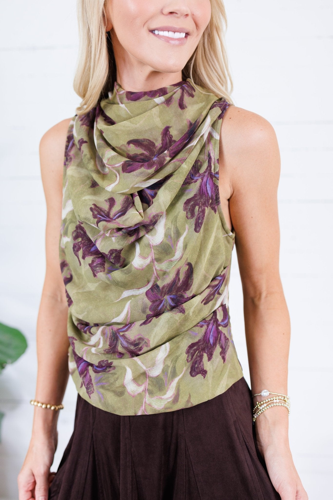Carla Olive Sheer Overlay Top Entro