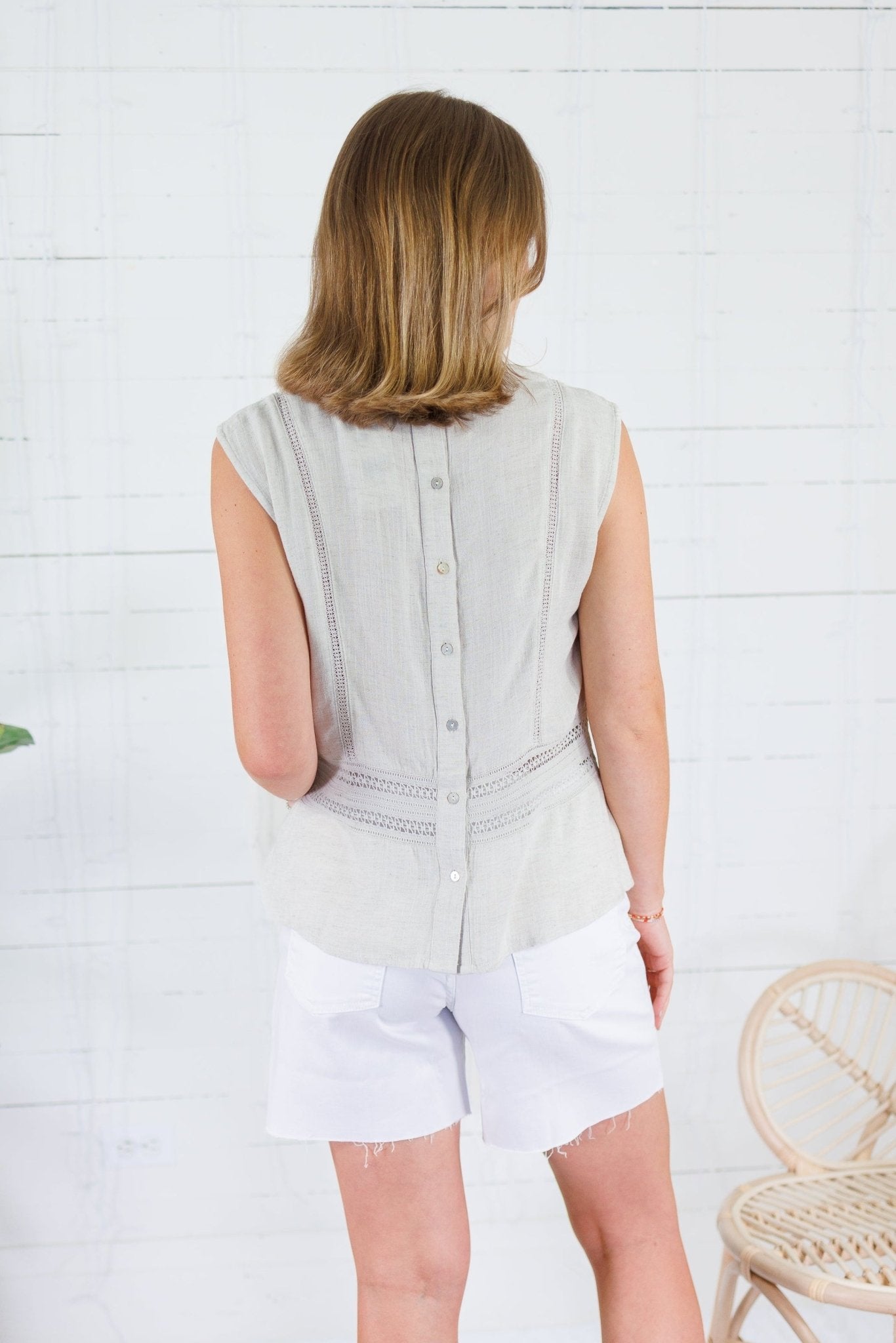 Carly Natural Linen Crochet Lattice Top KUT