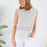 Carly Natural Linen Crochet Lattice Top KUT