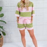 CarolAnn Avocado + Pink Stripe Drawstring Shorts Polagram