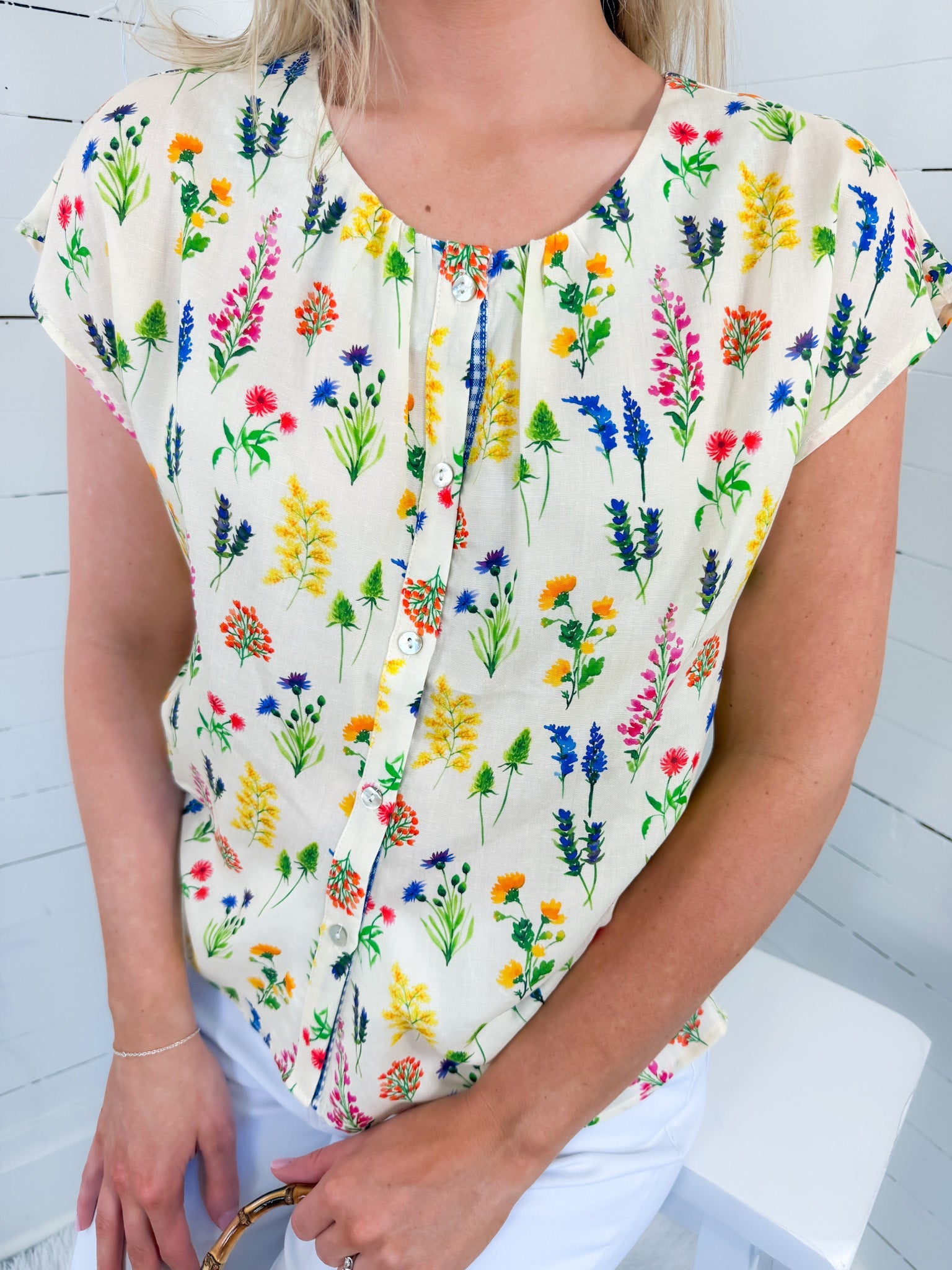Carolina Cream Floral Button Top THML
