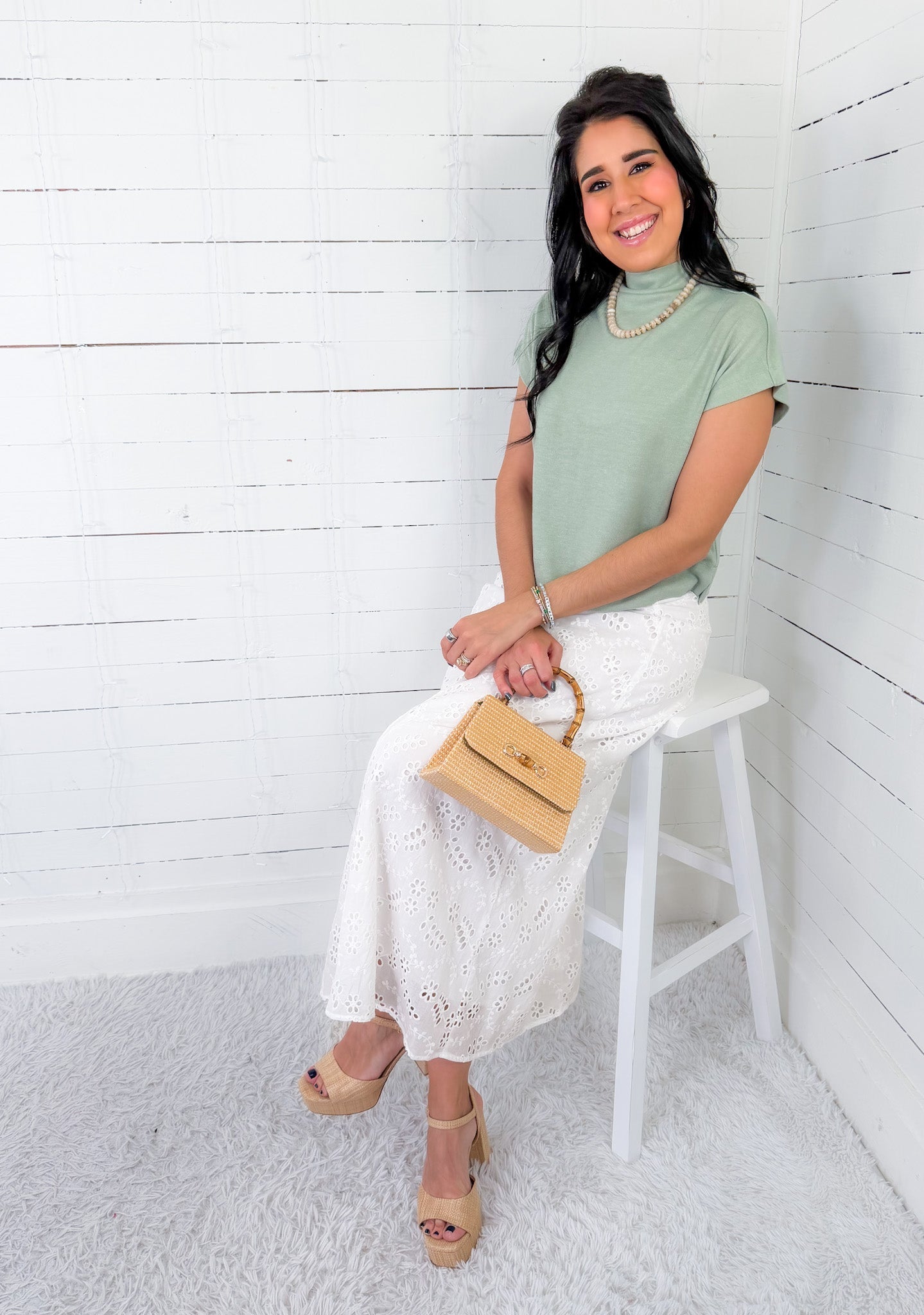 Caspar White Eyelet Maxi Skirt TCEC