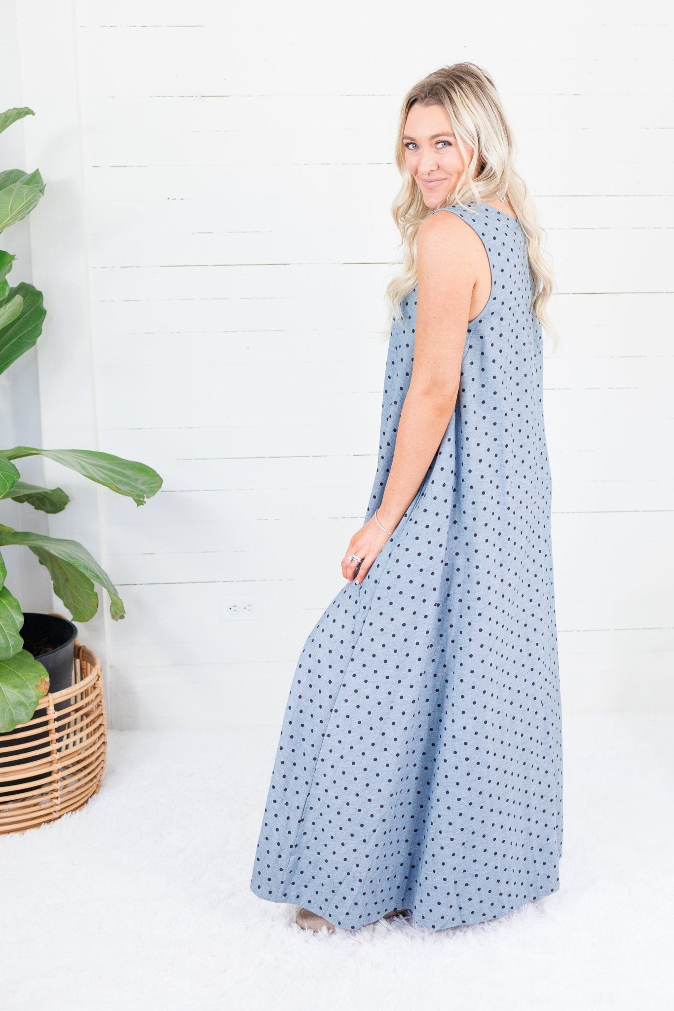 Cavalier Denim Polka Dot Scoop Maxi Dress Karlie