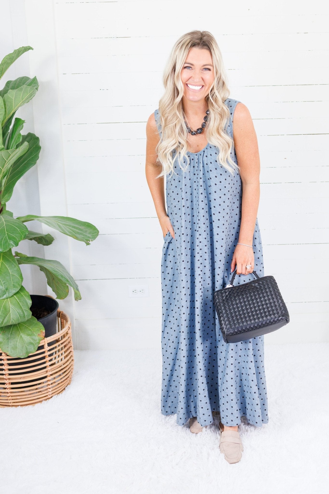 Cavalier Denim Polka Dot Scoop Maxi Dress Karlie