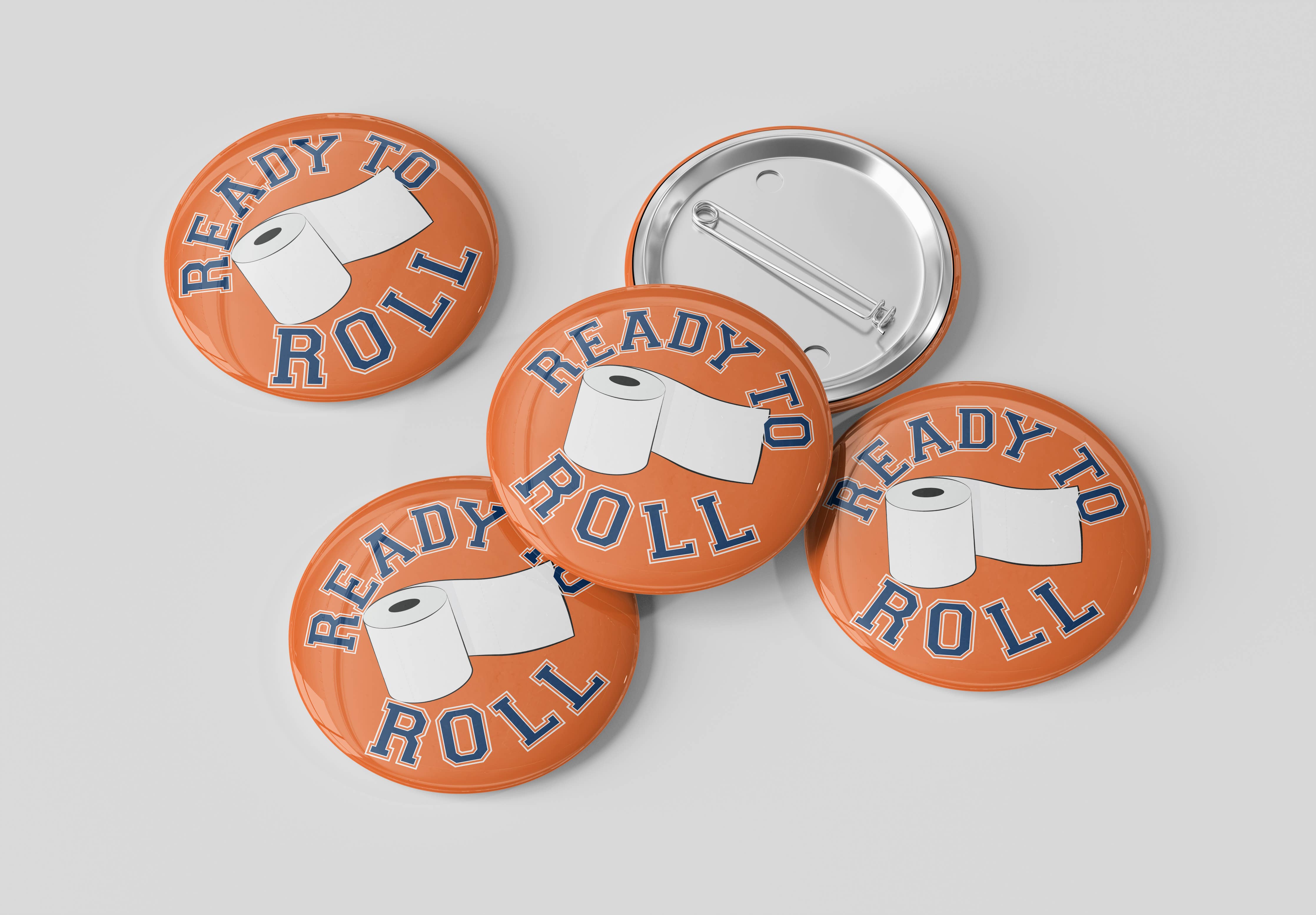 Four orange buttons with a toilet paper graphic and 'Ready to Roll' text on a gray background.