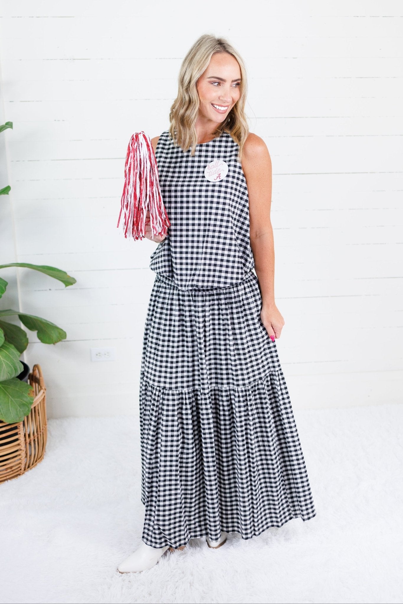 Celeste Black Seersucker Gingham Bubble Hem Top Adrienne