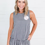Celeste Black Seersucker Gingham Bubble Hem Top Adrienne