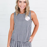 Celeste Black Seersucker Gingham Bubble Hem Top Adrienne