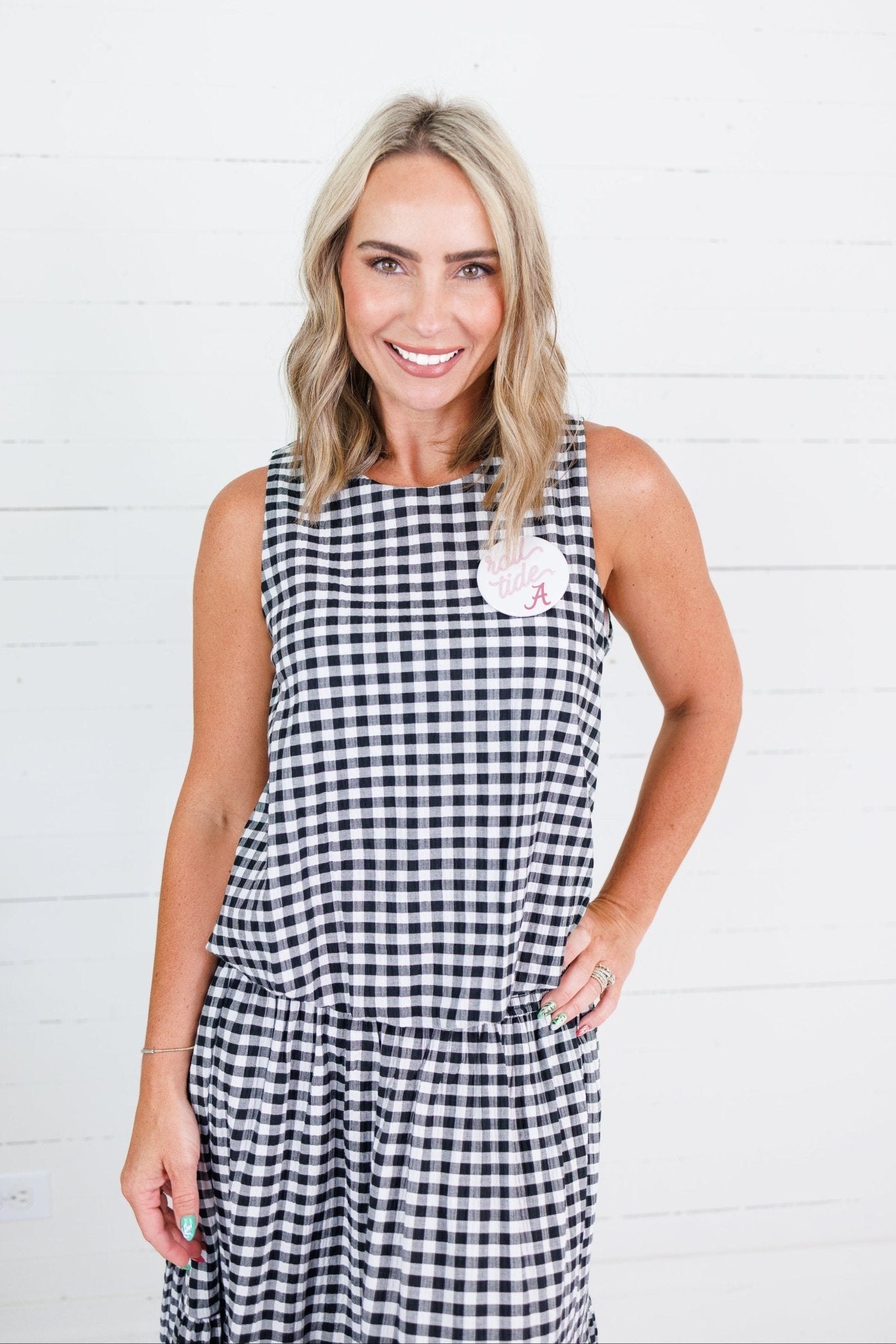Celeste Black Seersucker Gingham Bubble Hem Top Adrienne