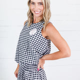 Celeste Black Seersucker Gingham Bubble Hem Top Adrienne