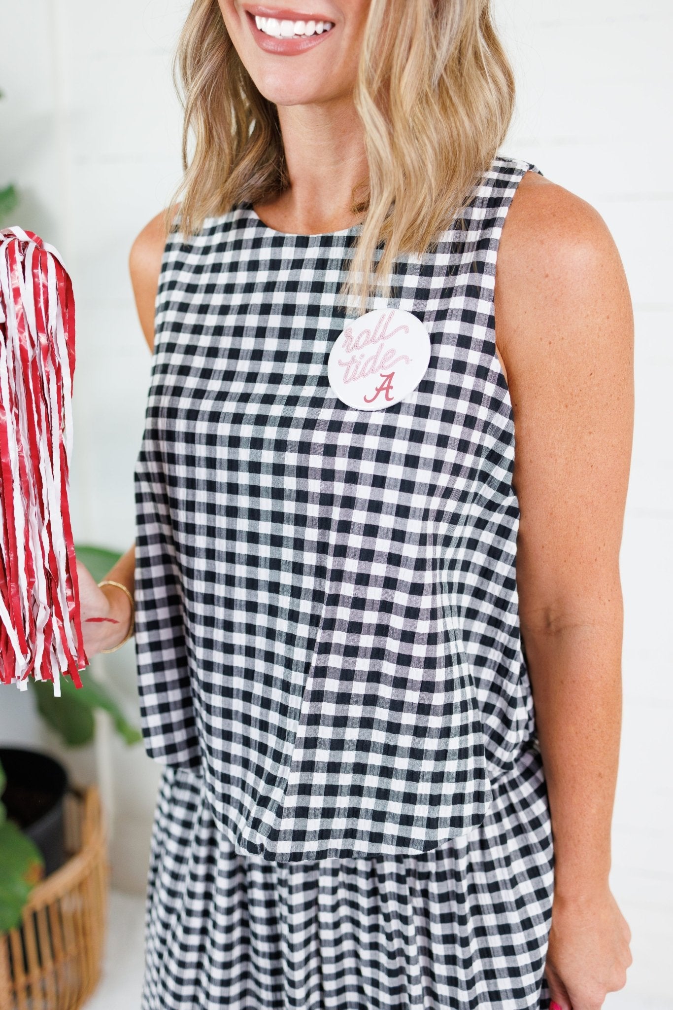 Celeste Black Seersucker Gingham Bubble Hem Top Adrienne