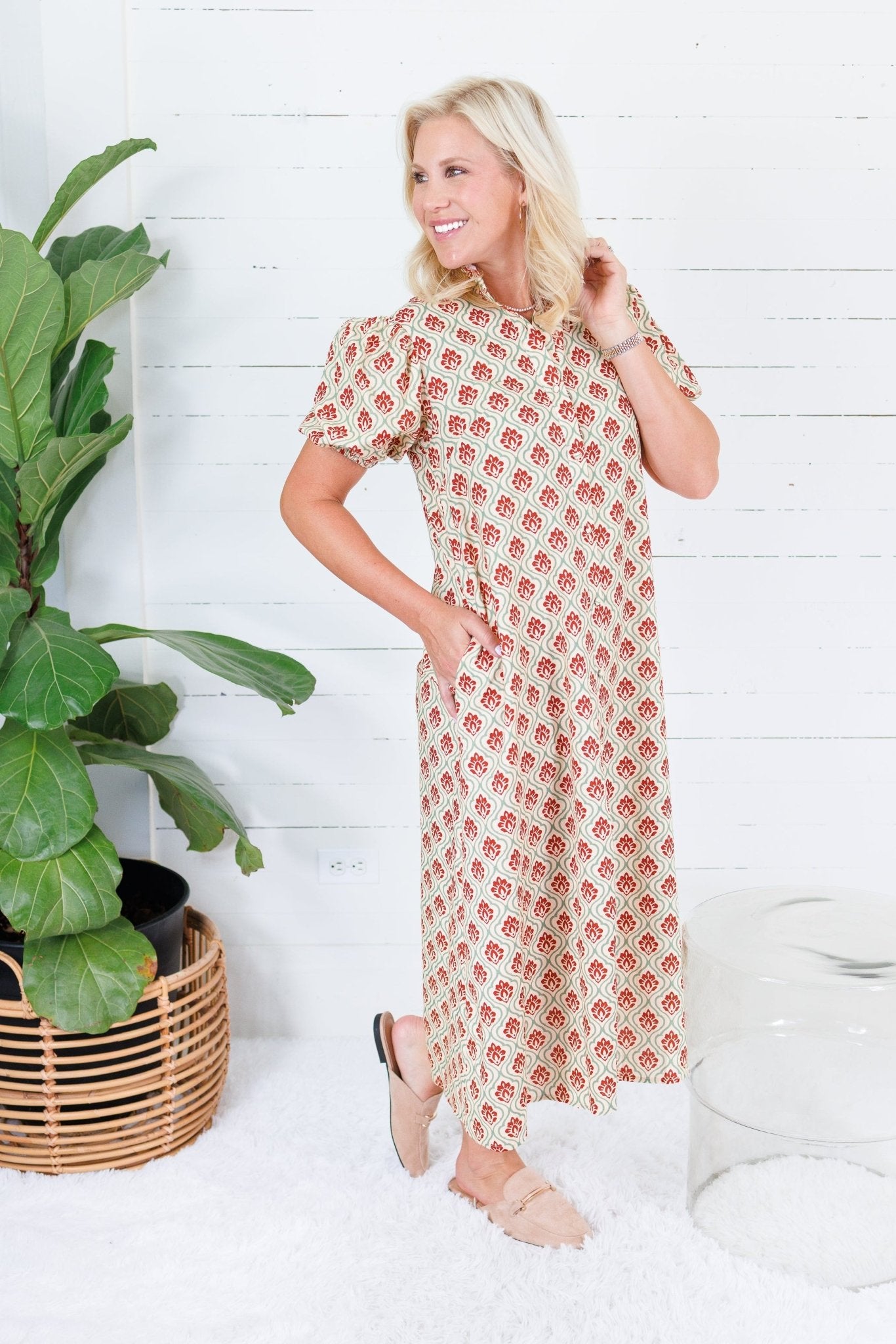 Celeste Green + Garnet Button Midi Dress Gigio