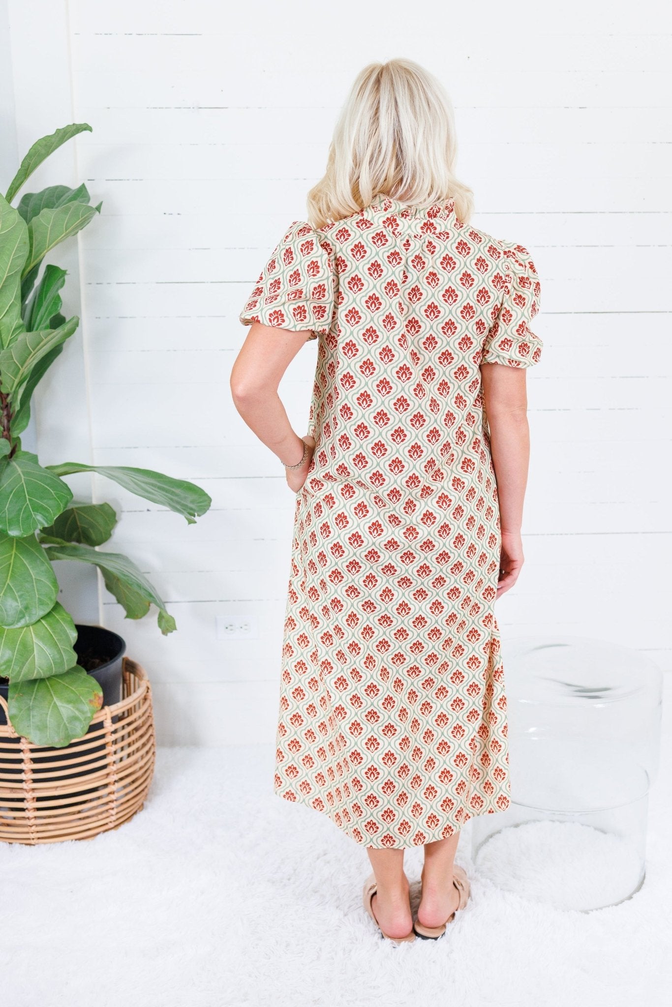 Celeste Green + Garnet Button Midi Dress Gigio