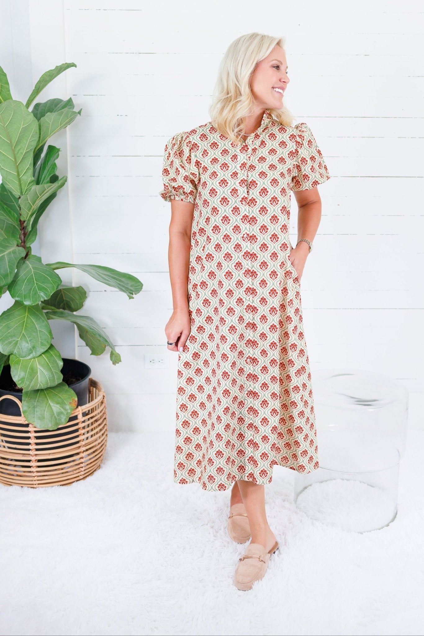 Celeste Green + Garnet Button Midi Dress Gigio