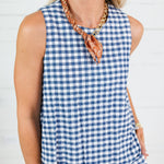Celeste Navy Seersucker Gingham Bubble Hem Top Adrienne
