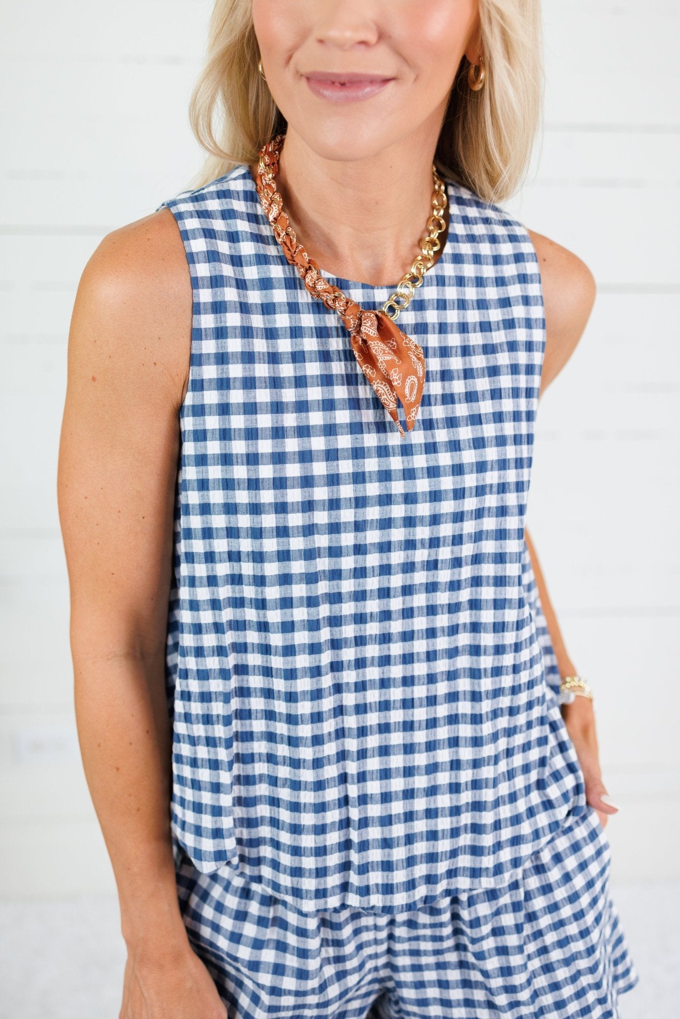 Celeste Navy Seersucker Gingham Bubble Hem Top Adrienne