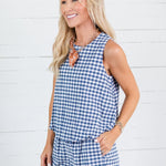 Celeste Navy Seersucker Gingham Bubble Hem Top Adrienne