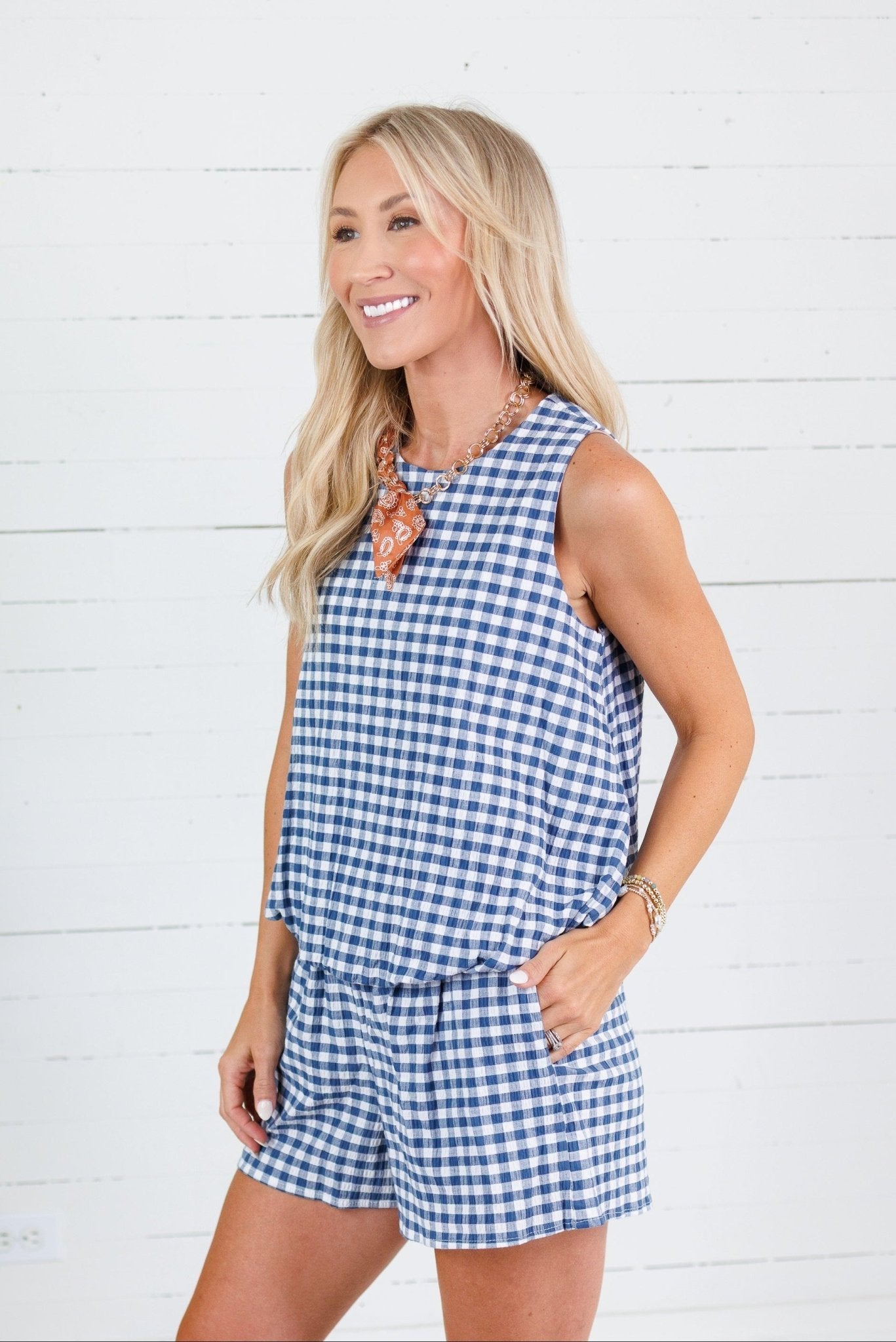 Celeste Navy Seersucker Gingham Bubble Hem Top Adrienne