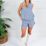 Celeste Navy Seersucker Gingham Bubble Hem Top Adrienne