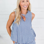 Celeste Navy Seersucker Gingham Bubble Hem Top Adrienne