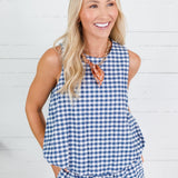 Celeste Navy Seersucker Gingham Bubble Hem Top Adrienne