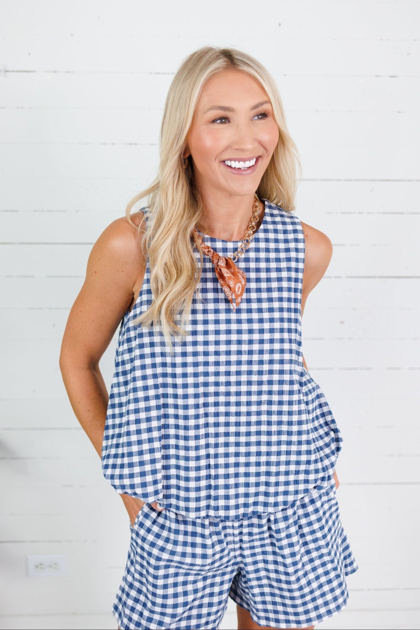 Celeste Navy Seersucker Gingham Bubble Hem Top Adrienne