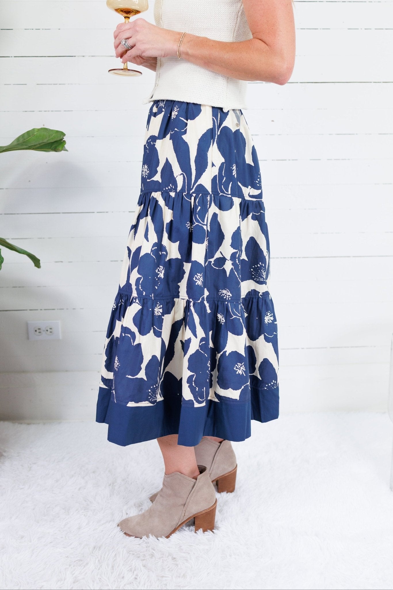 Chandler Navy + Cream Floral Tiered Maxi Skirt Pinch