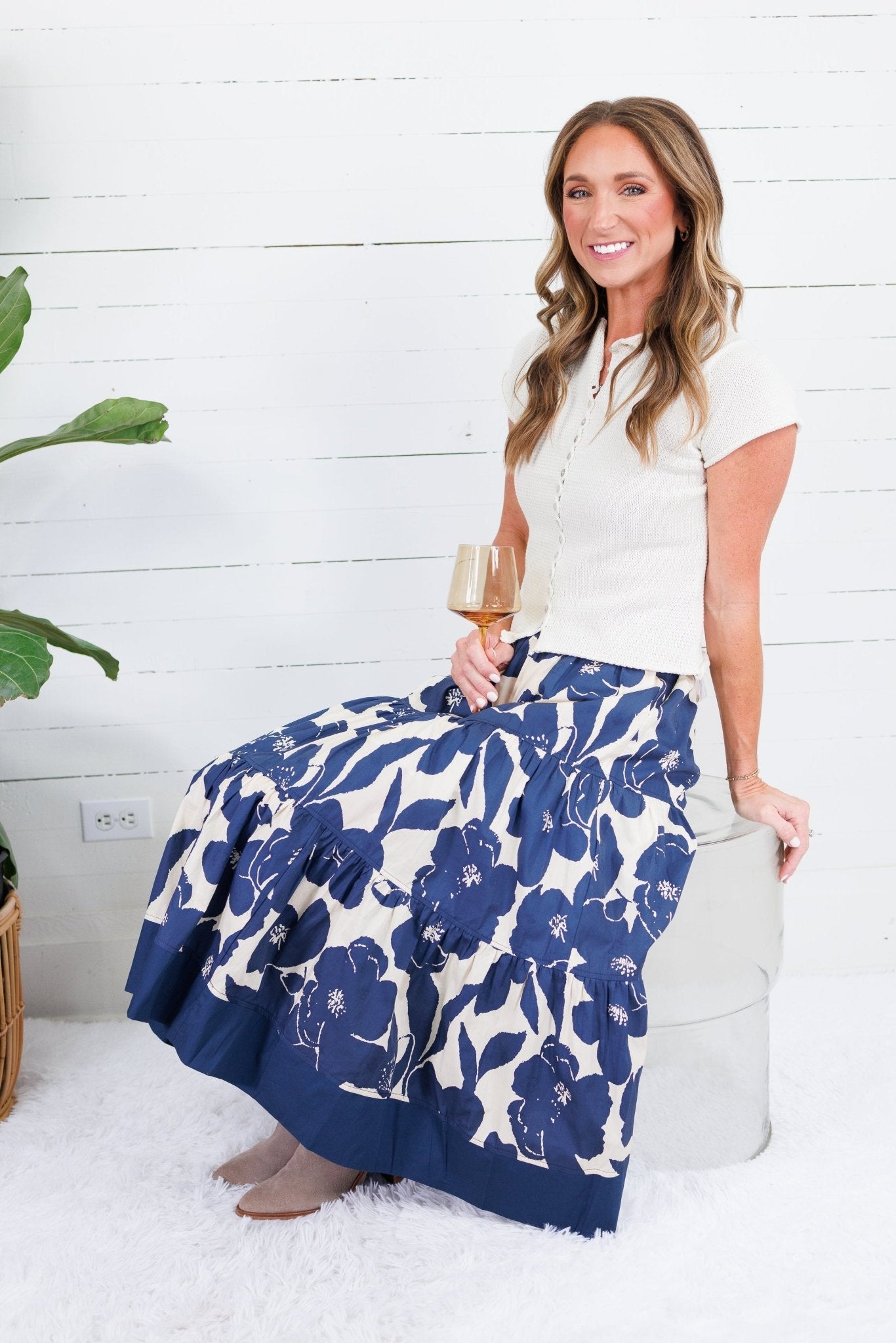 Chandler Navy + Cream Floral Tiered Maxi Skirt Pinch