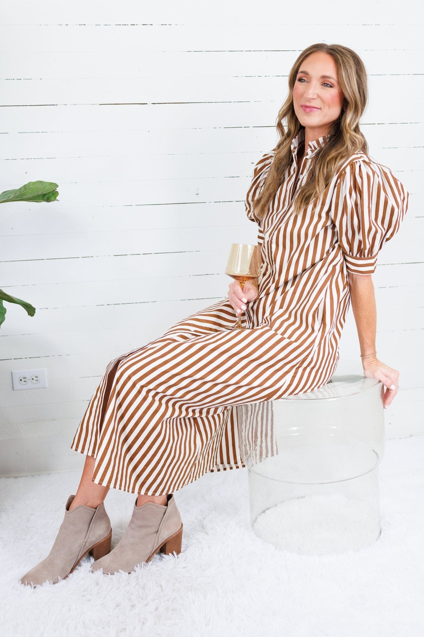 Claudia Brown Stripe Ruffle Neck Maxi Dress Karlie