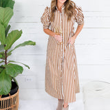 Claudia Brown Stripe Ruffle Neck Maxi Dress Karlie