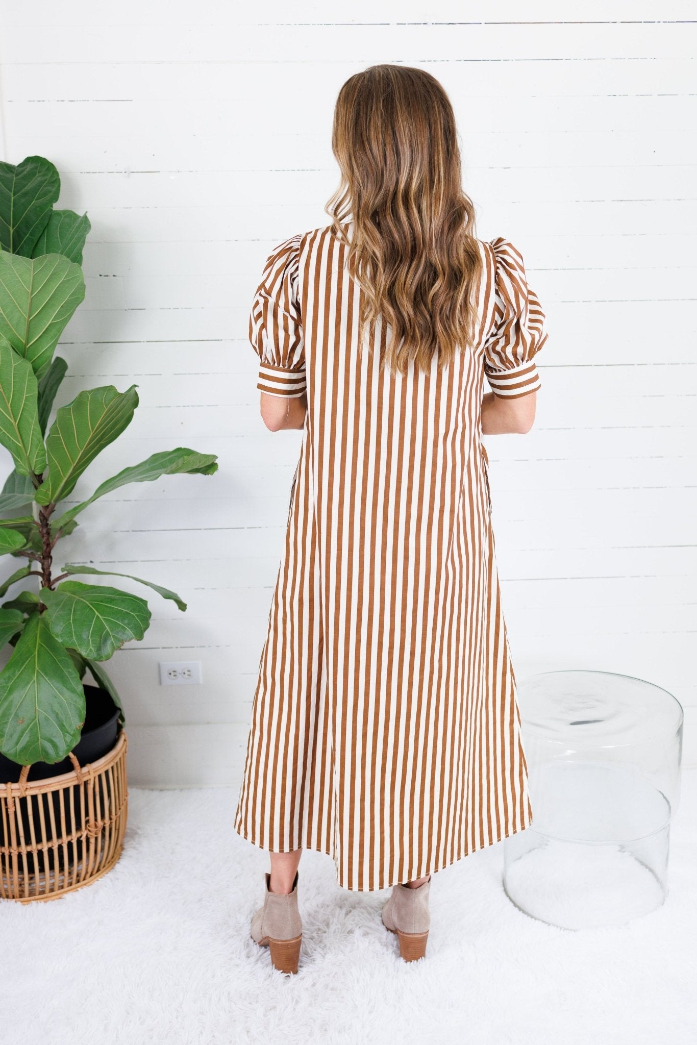 Claudia Brown Stripe Ruffle Neck Maxi Dress Karlie
