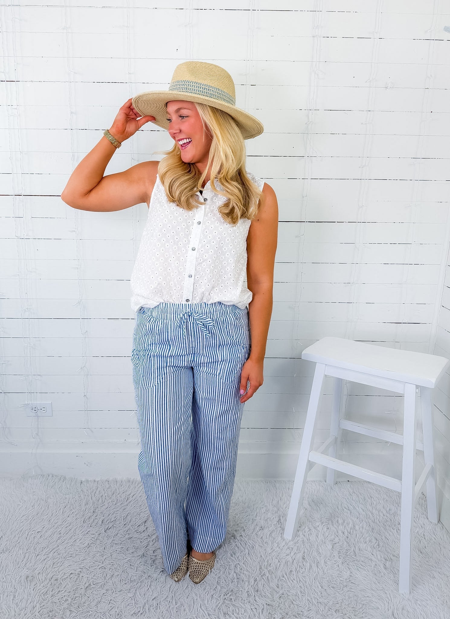 Claudia White Eyelet Button Top