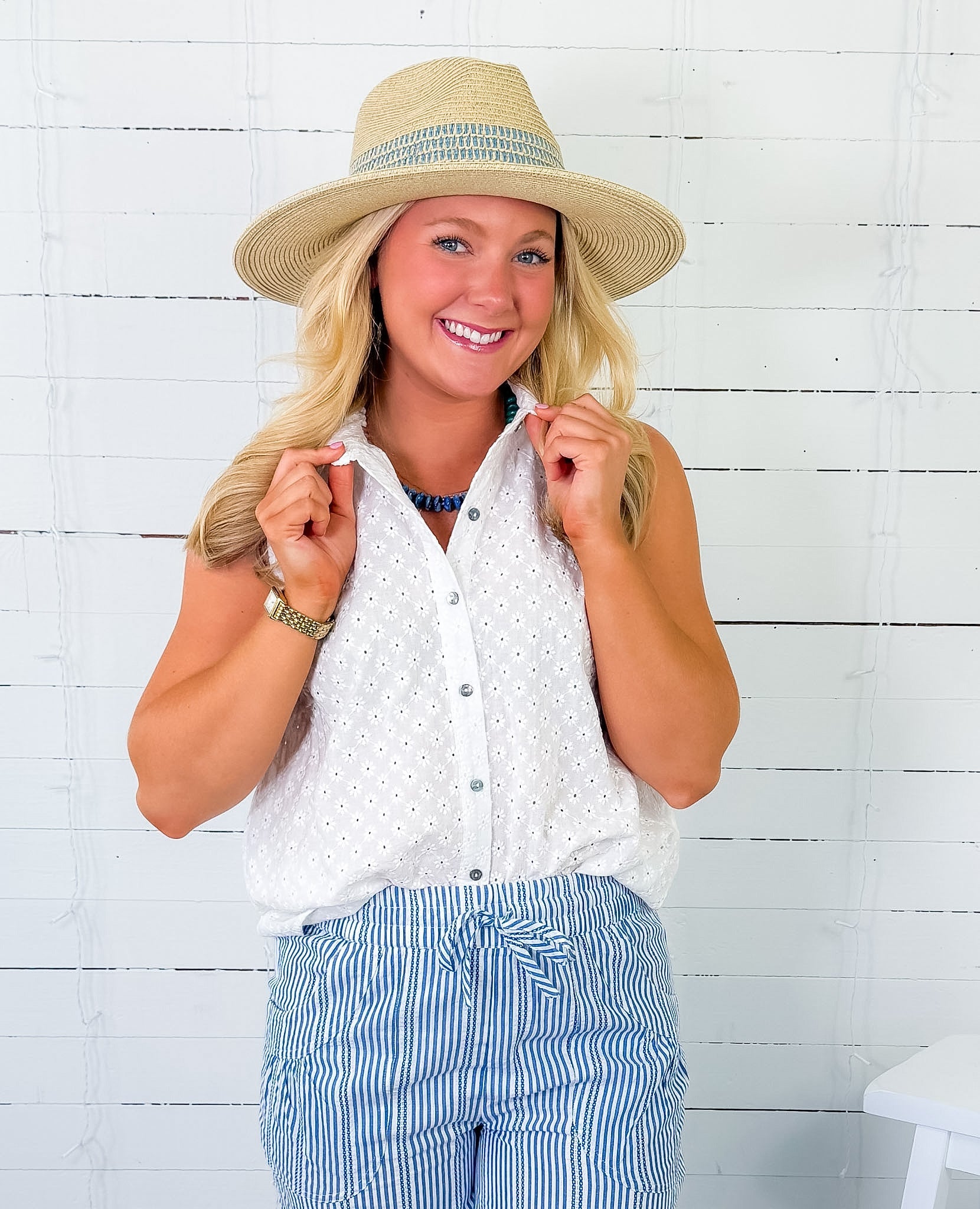 Claudia White Eyelet Button Top