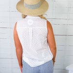 Claudia White Eyelet Button Top