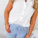 Claudia White Eyelet Button Top