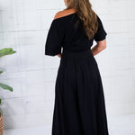 Cletus Black Boat Neck Cinched Waist Maxi Dress