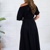 Cletus Black Boat Neck Cinched Waist Maxi Dress