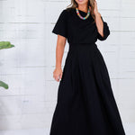 Cletus Black Boat Neck Cinched Waist Maxi Dress