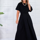 Cletus Black Boat Neck Cinched Waist Maxi Dress