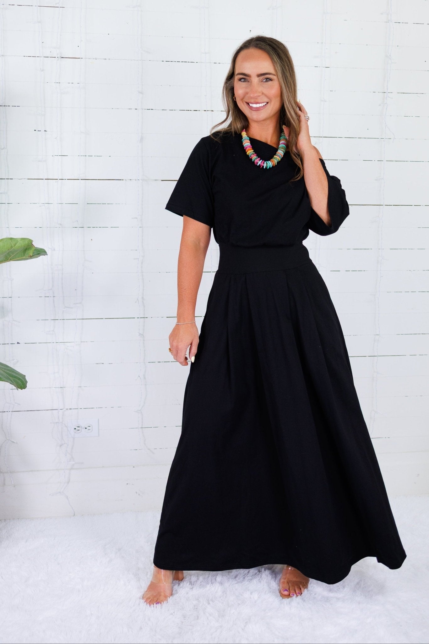 Cletus Black Boat Neck Cinched Waist Maxi Dress