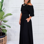 Cletus Black Boat Neck Cinched Waist Maxi Dress