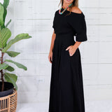 Cletus Black Boat Neck Cinched Waist Maxi Dress