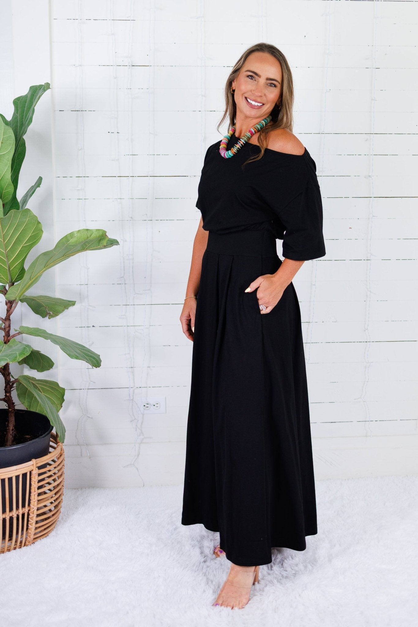 Cletus Black Boat Neck Cinched Waist Maxi Dress