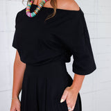 Cletus Black Boat Neck Cinched Waist Maxi Dress