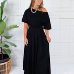 Cletus Black Boat Neck Cinched Waist Maxi Dress