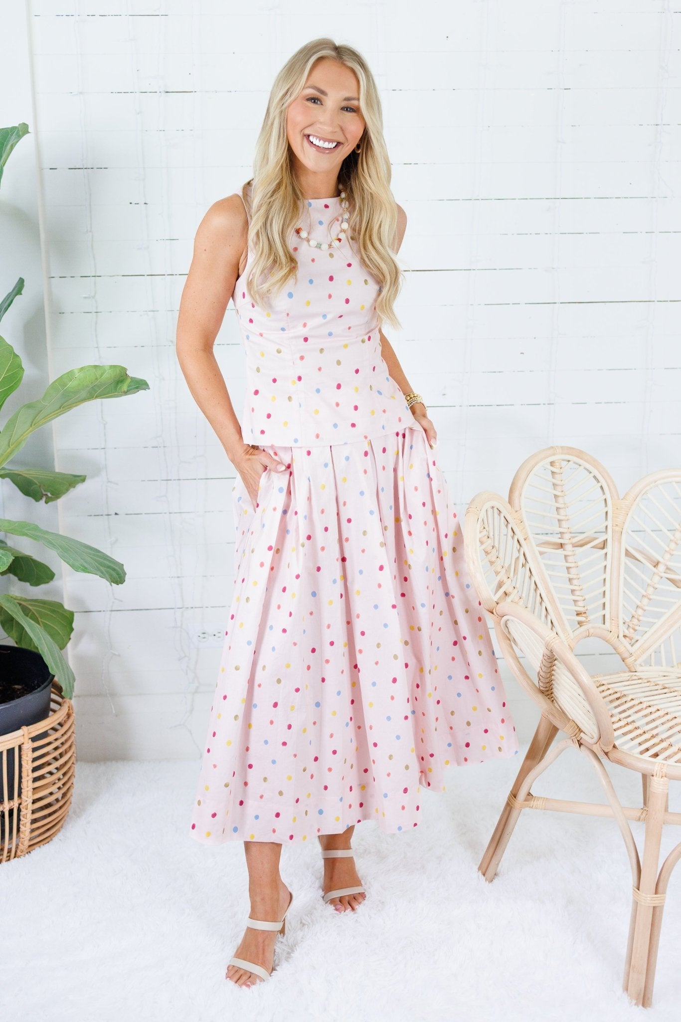 Cline Baby Pink Polka Dot Sleeveless Top Aureum